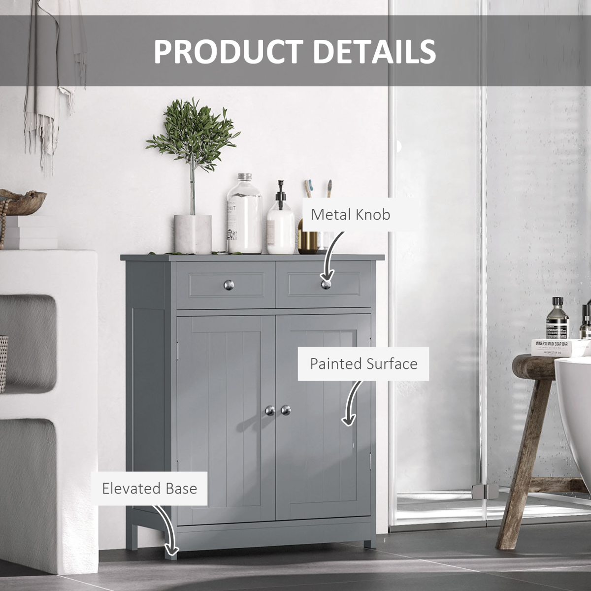 kleankin Bathroom Floor Storage Cabinet with 2 Drawers, Cupboard and Adjustable Shelf, Grey
