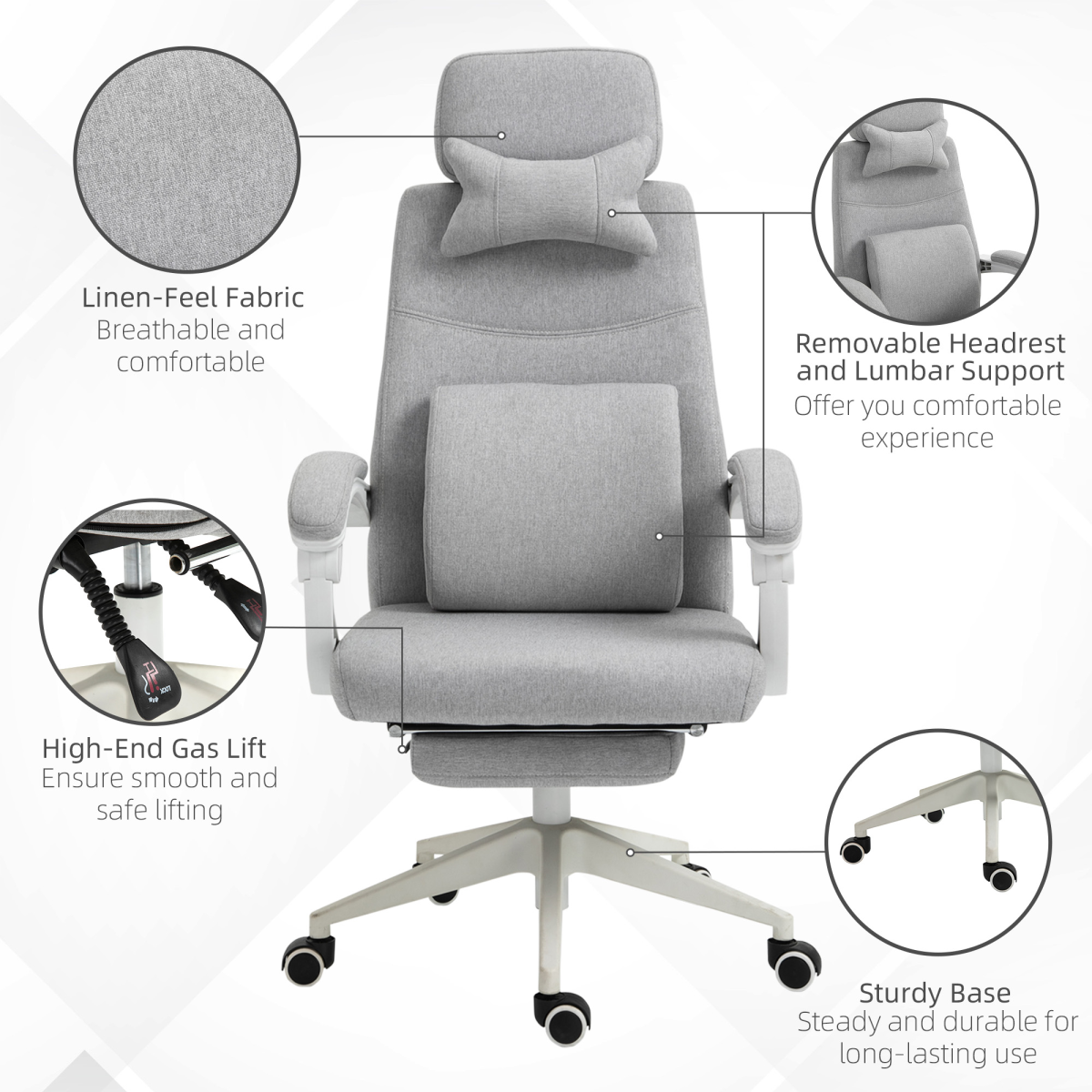 Grey Ergonomic Home Office Chair with Footrest, Swivel, Adjustable Height