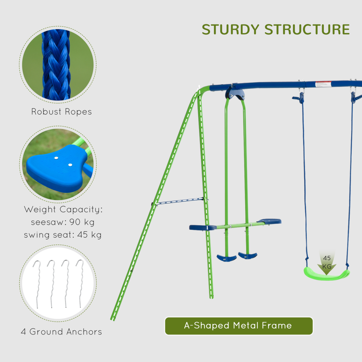 Metal Double Swing Set with Seat Glider Outdoor Garden Play Set, Green, Outsunny