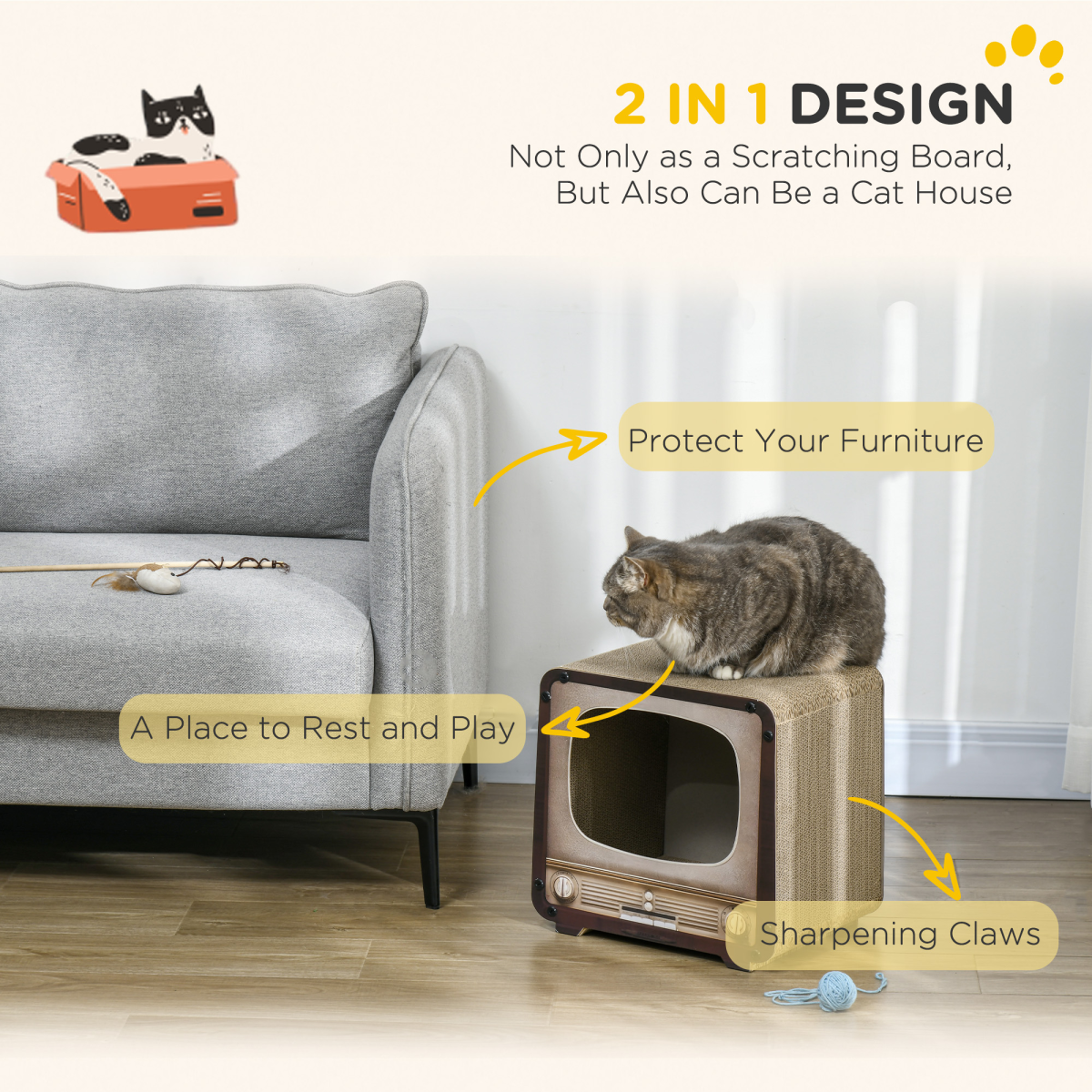 PawHut TV Shape Cat Scratching House with Catnip, Brown