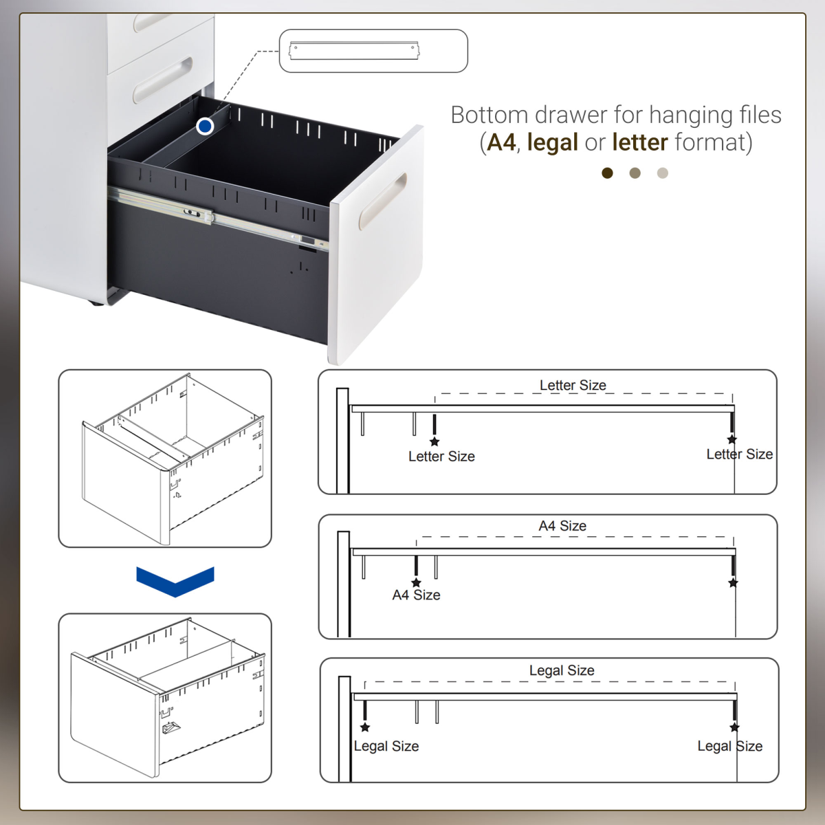 Modern 3-Drawer Steel Filing Cabinet with Lock, 4 Wheels, Pencil Box, White