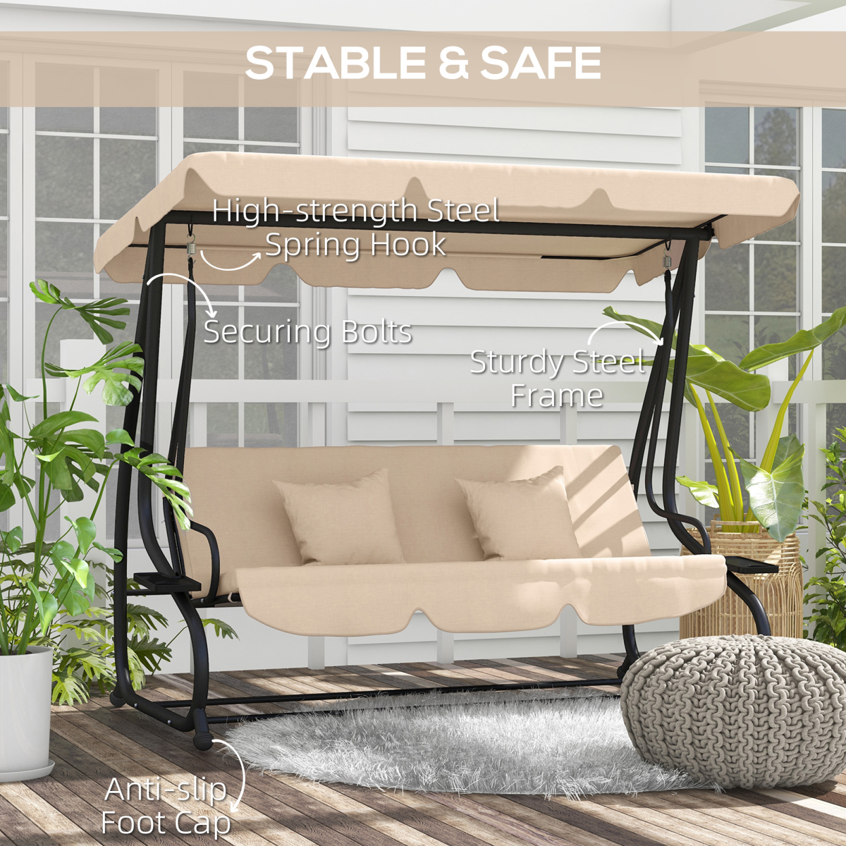 Outsunny 2-in-1 3-Seater Swing Chair with Adjustable Canopy, Light Brown