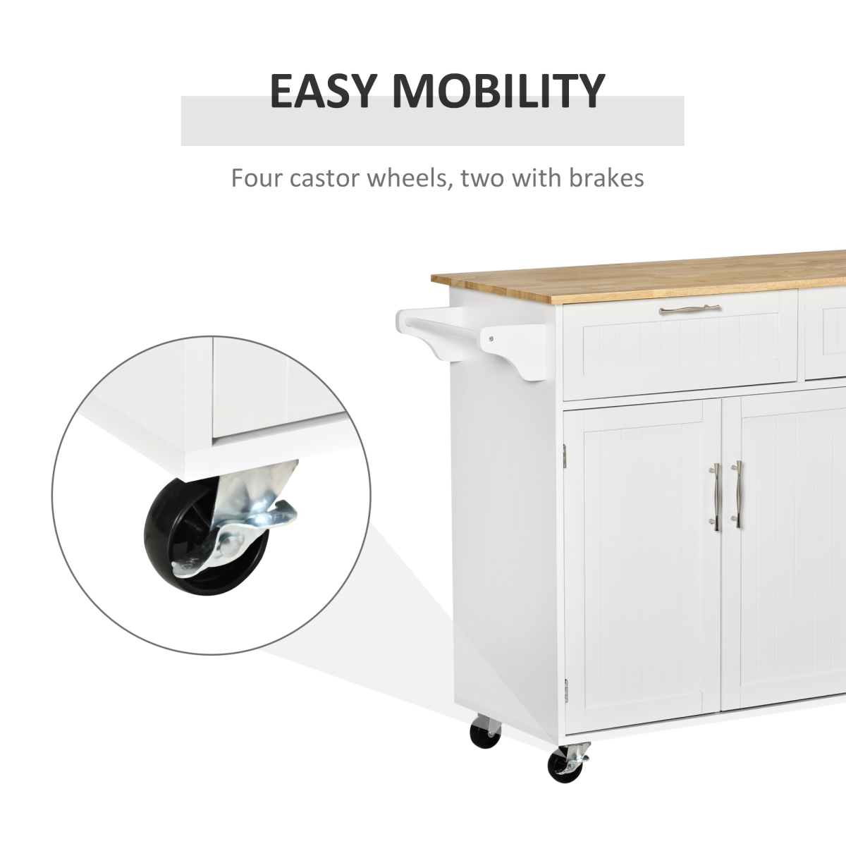 HOMCOM White Kitchen Island Cart with Wooden Top, Drawers & Cabinets