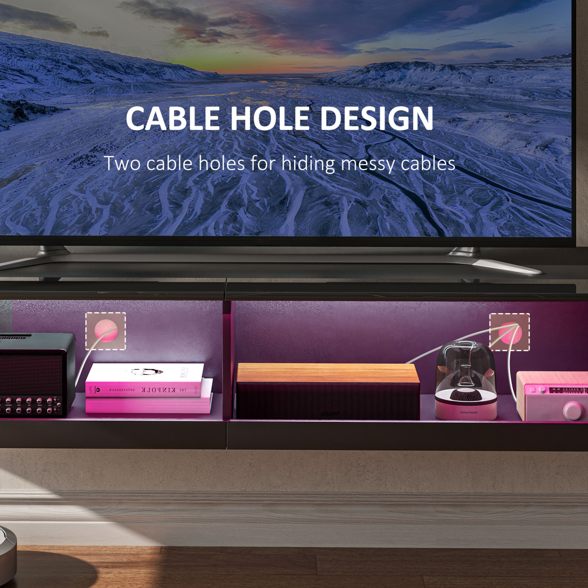 HOMCOM Wall-Mounted Media Console with LED Lights, Storage Shelves, 65" TV Support, High Gloss Black