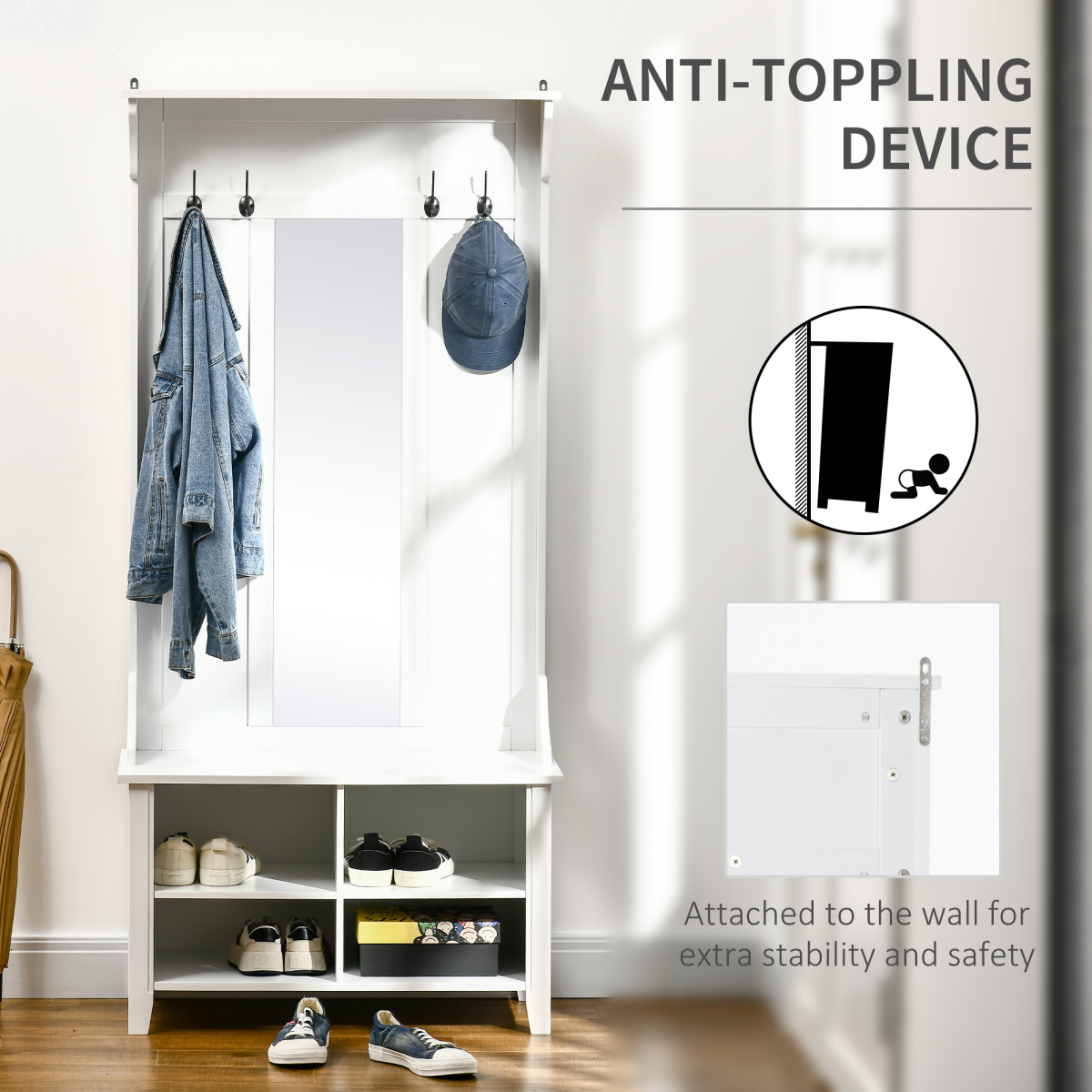 HOMCOM 3-in-1 Mirrored Shoe Cabinet with 4 Coat Hooks, Top Shelf, 4 Shoe Storage Cubes, White, 80 x 40 x 170 cm