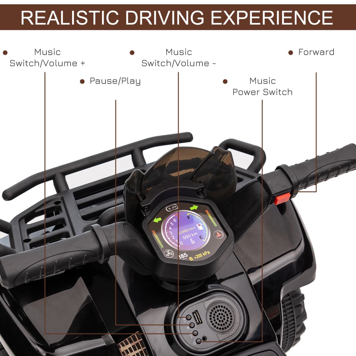 Kids Electric Ride-On ATV with Music, Black, 18-36 Months