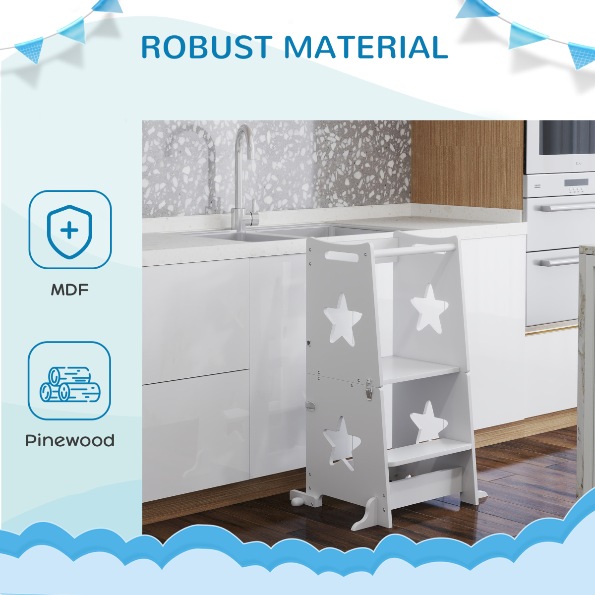 AIYAPLAY 2-in-1 Toddler Step Stool with Safety Rail, White