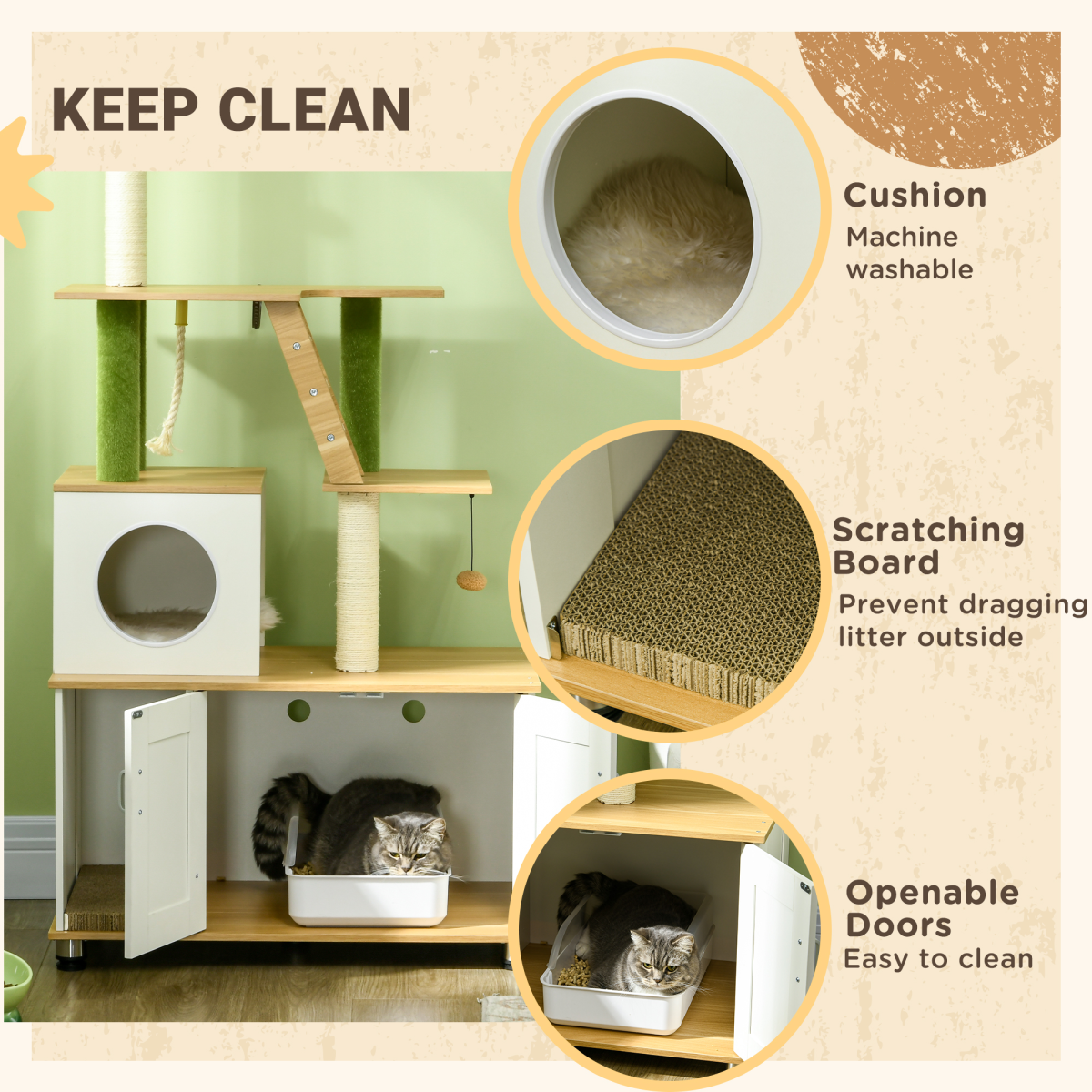 PawHut 2-in-1 Hidden Litter Box Cat Tree, Indoor, Oak