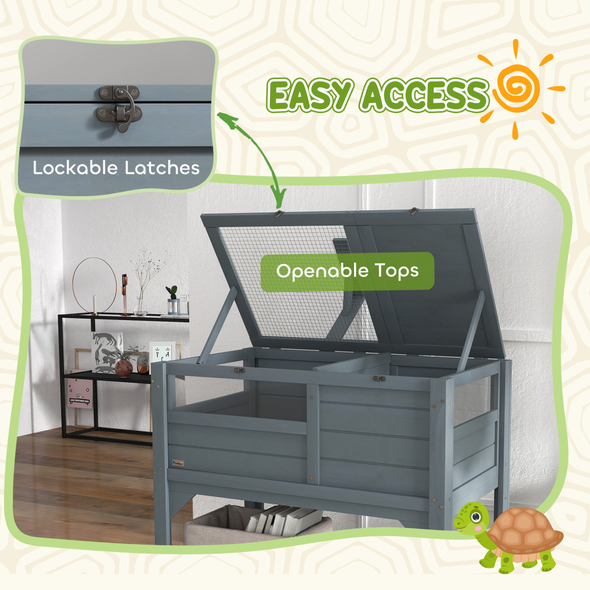 PawHut Wooden Tortoise House with Run, Hide Box, Shelf and Lamp Holder, Grey