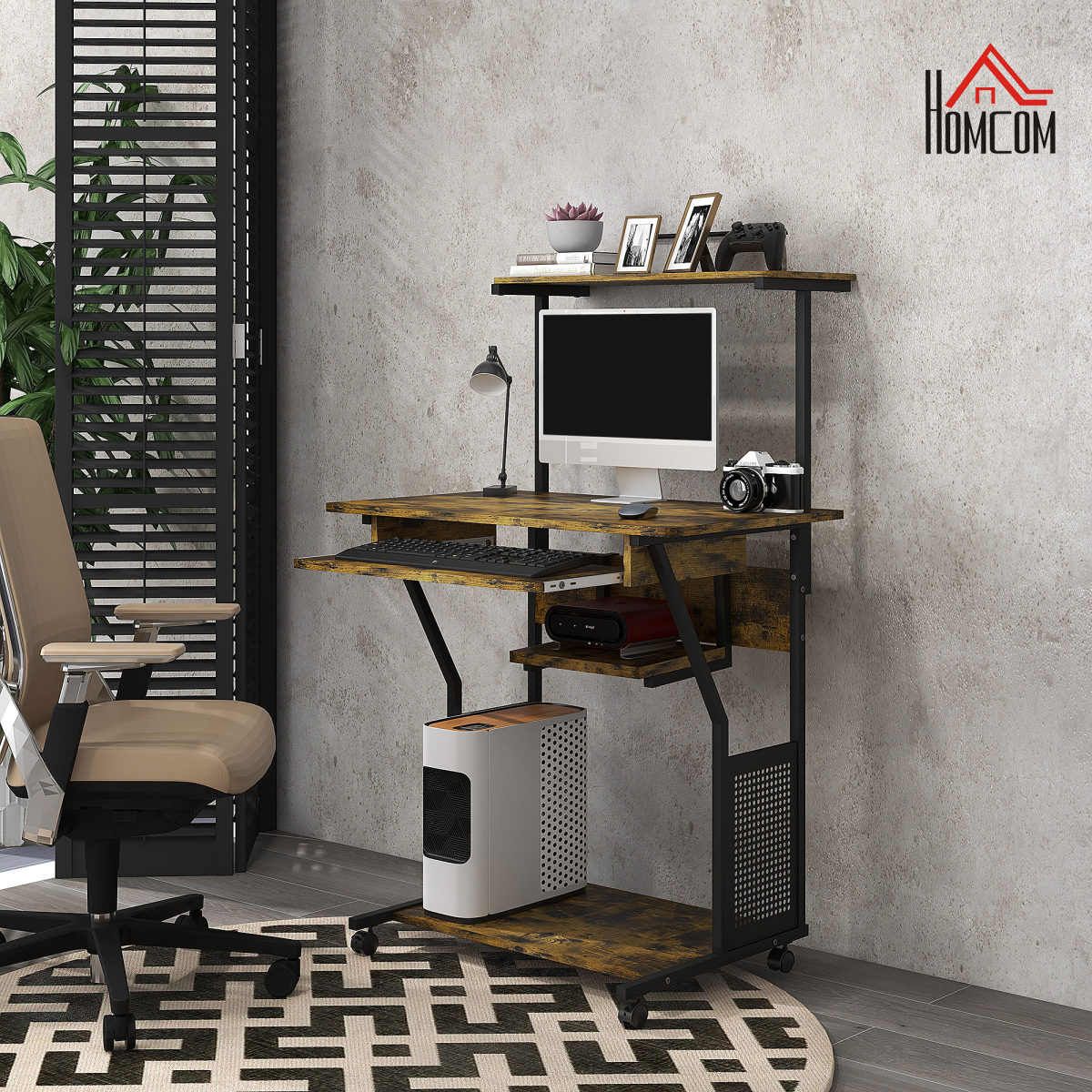 HOMCOM Rolling Computer Desk with Keyboard Tray, Storage Shelves
