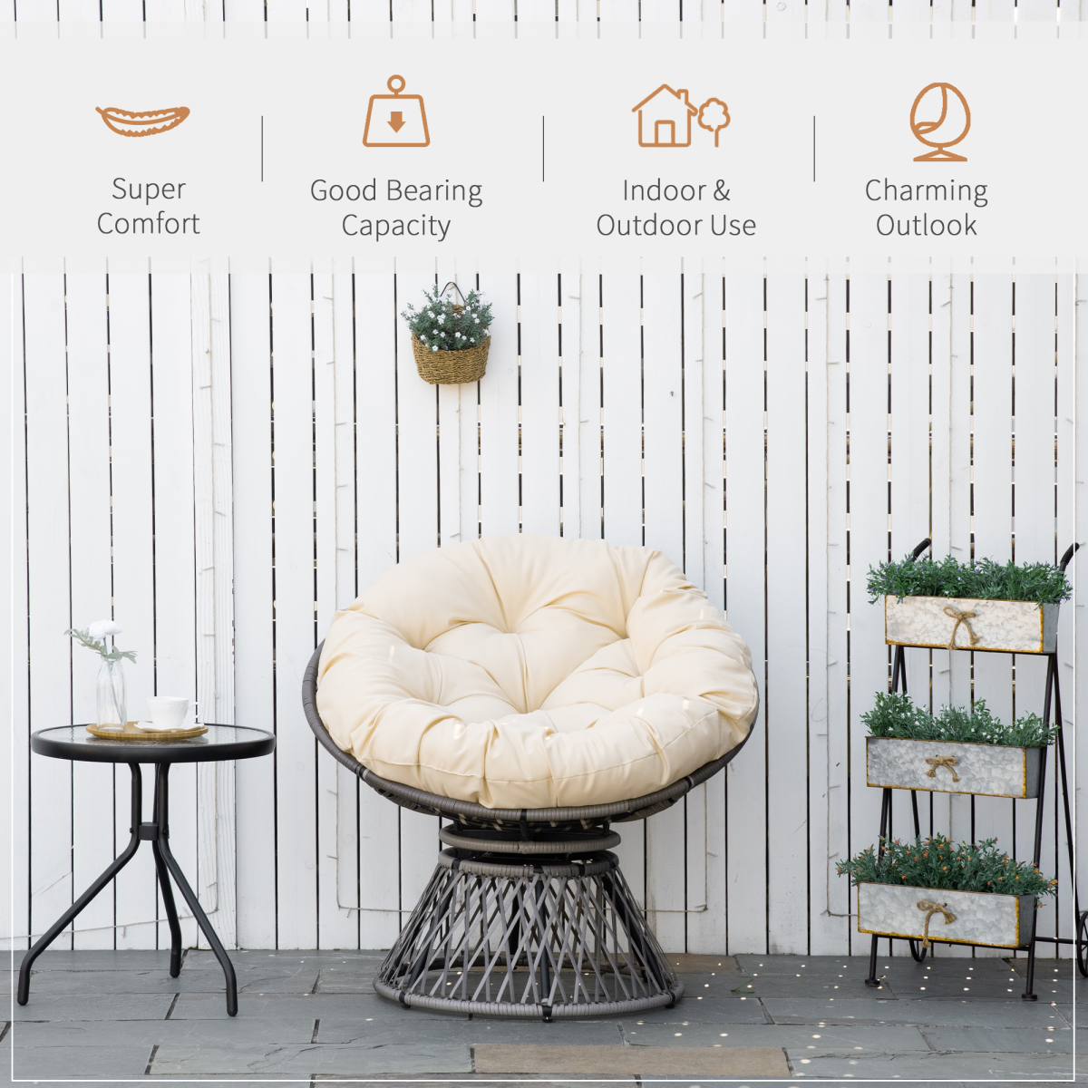 Outsunny 360° Swivel Rattan Papasan Moon Bowl Chair with Padded Cushion, Round Outdoor Garden Chair