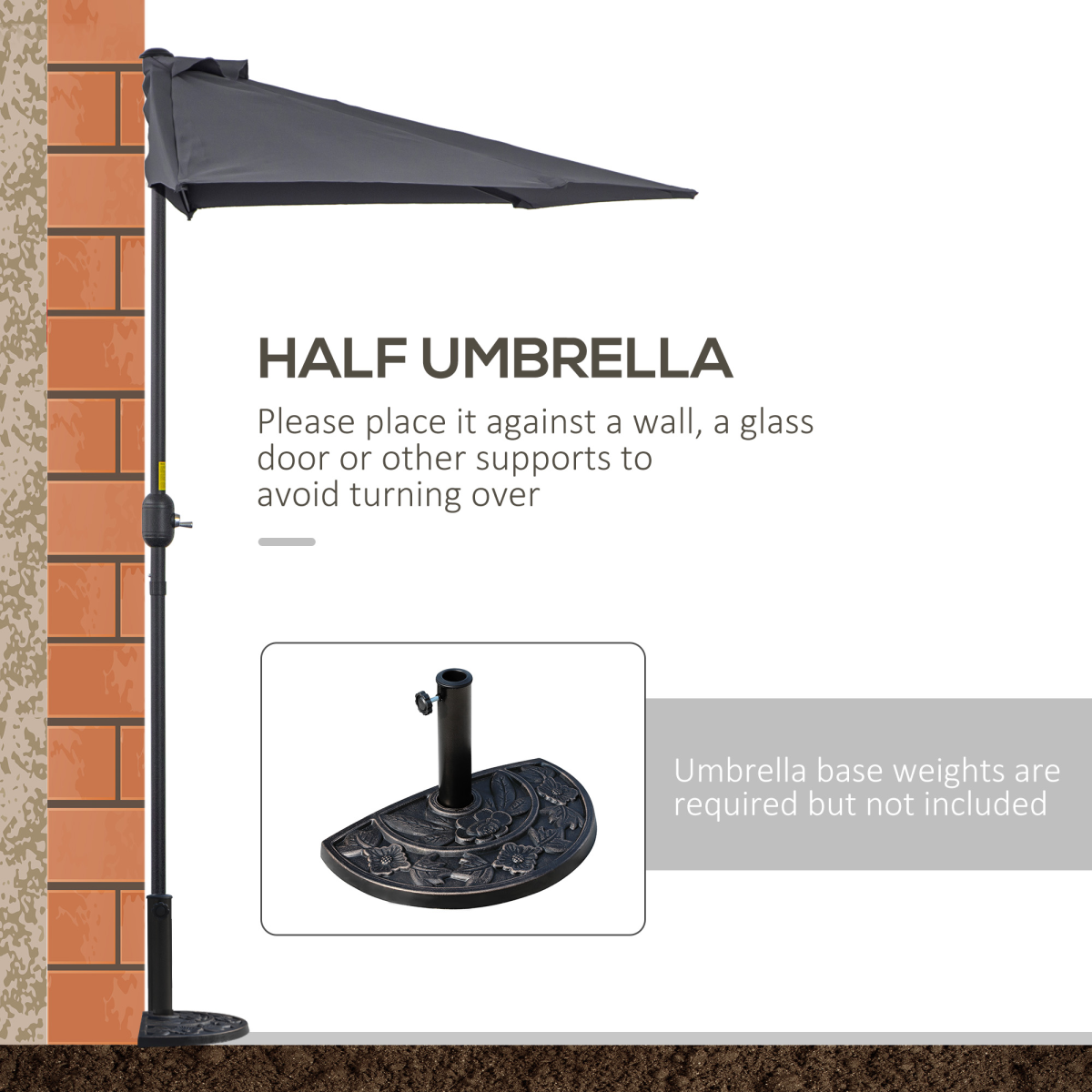 3m Half Round Wall Parasol, Grey Polyester and Aluminum Frame