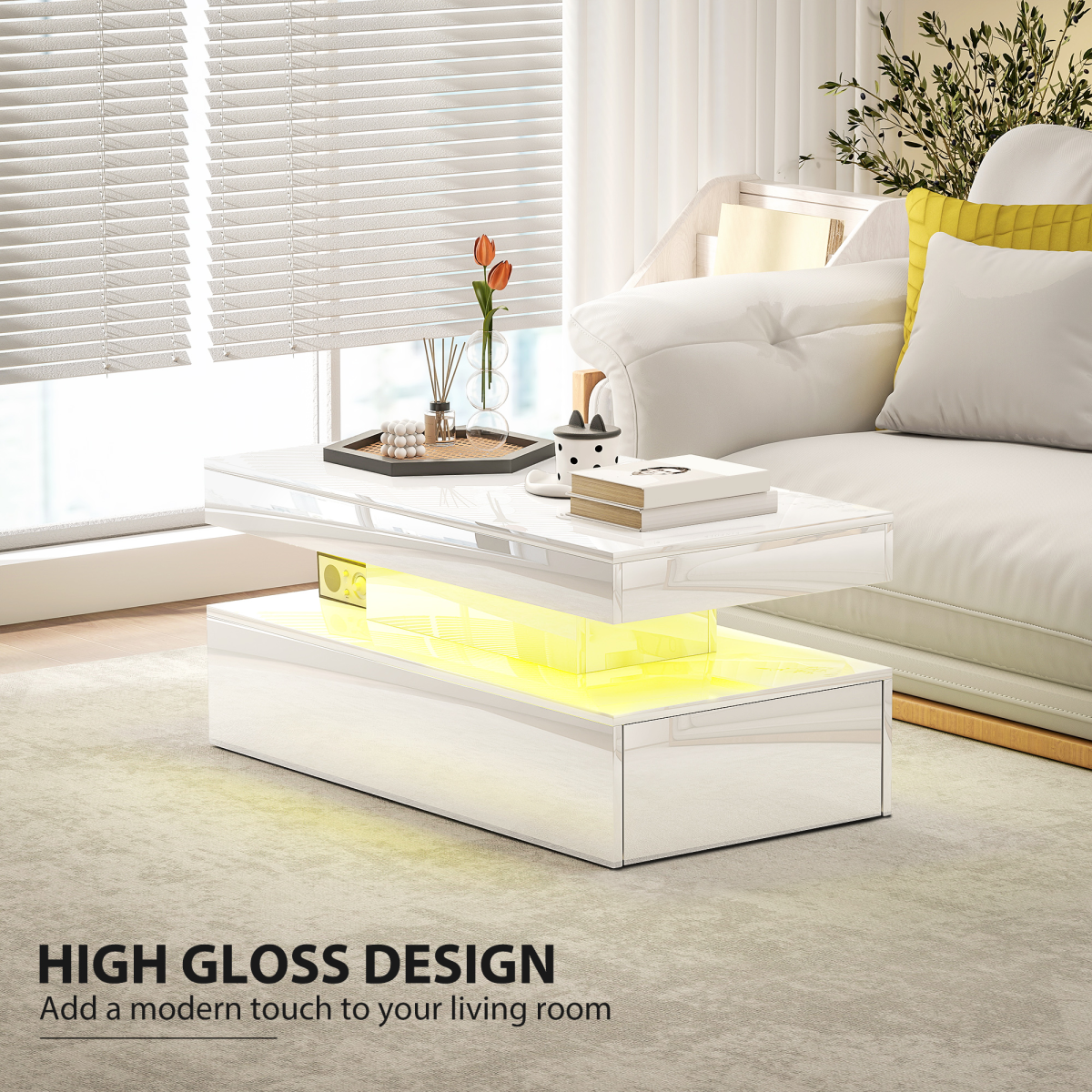 HOMCOM LED Coffee Table with Storage, High Gloss, White