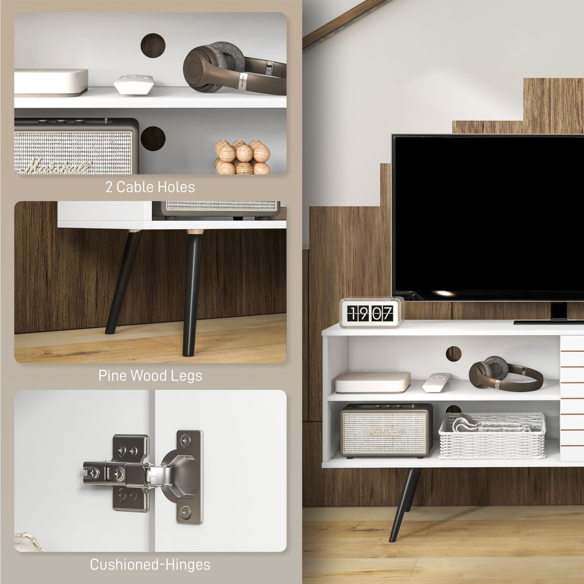HOMCOM White TV Unit for 65" TVs with 2 Shelves, Door & Cable Holes