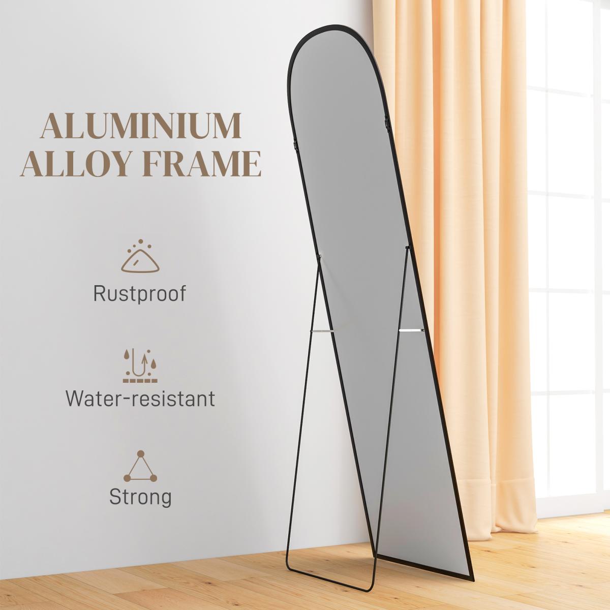 HOMCOM Full Length Mirror, Aluminium Frame, Black, Hanging or Leaning