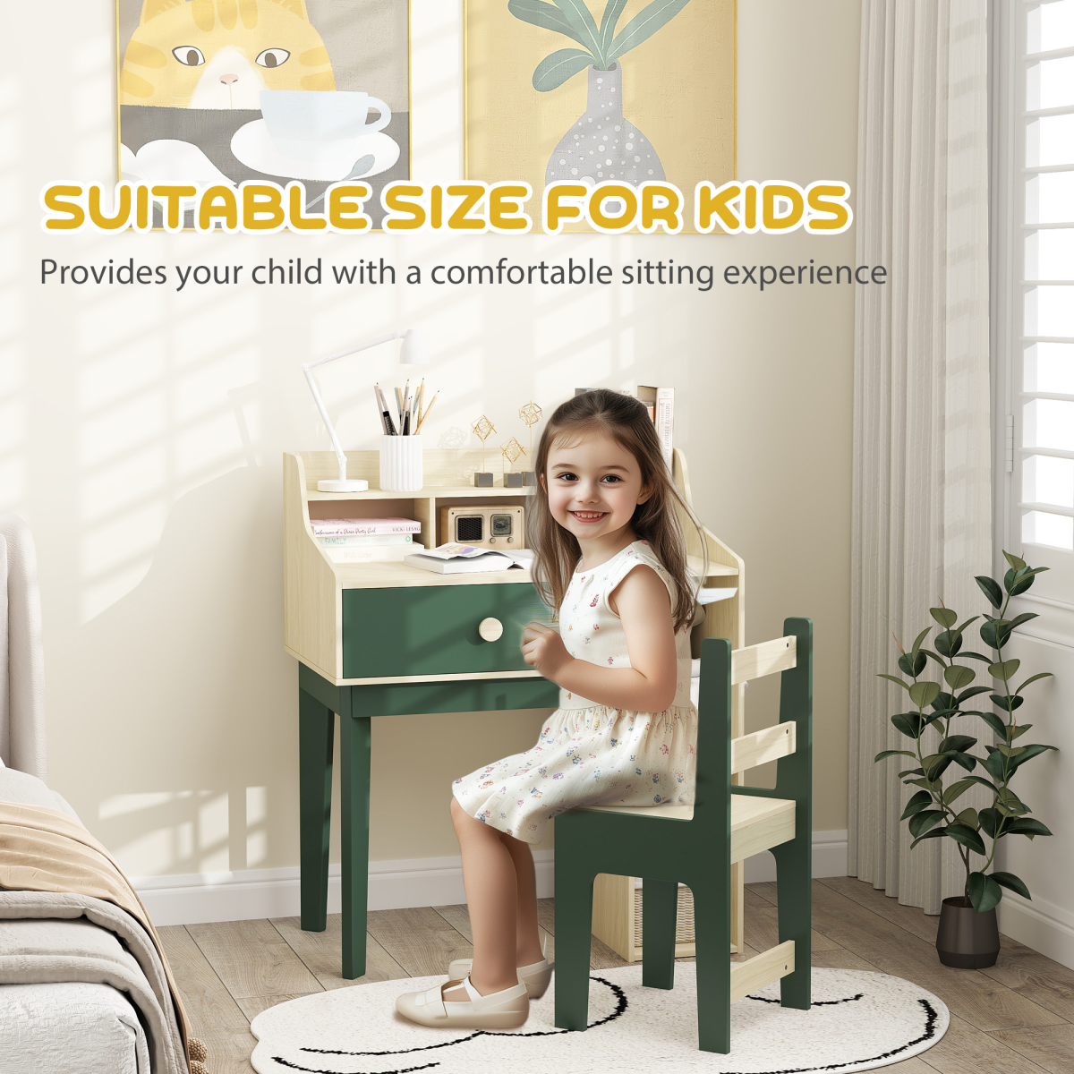 AIYAPLAY Kids Desk and Chair Set with Storage Shelf and Drawer, Green
