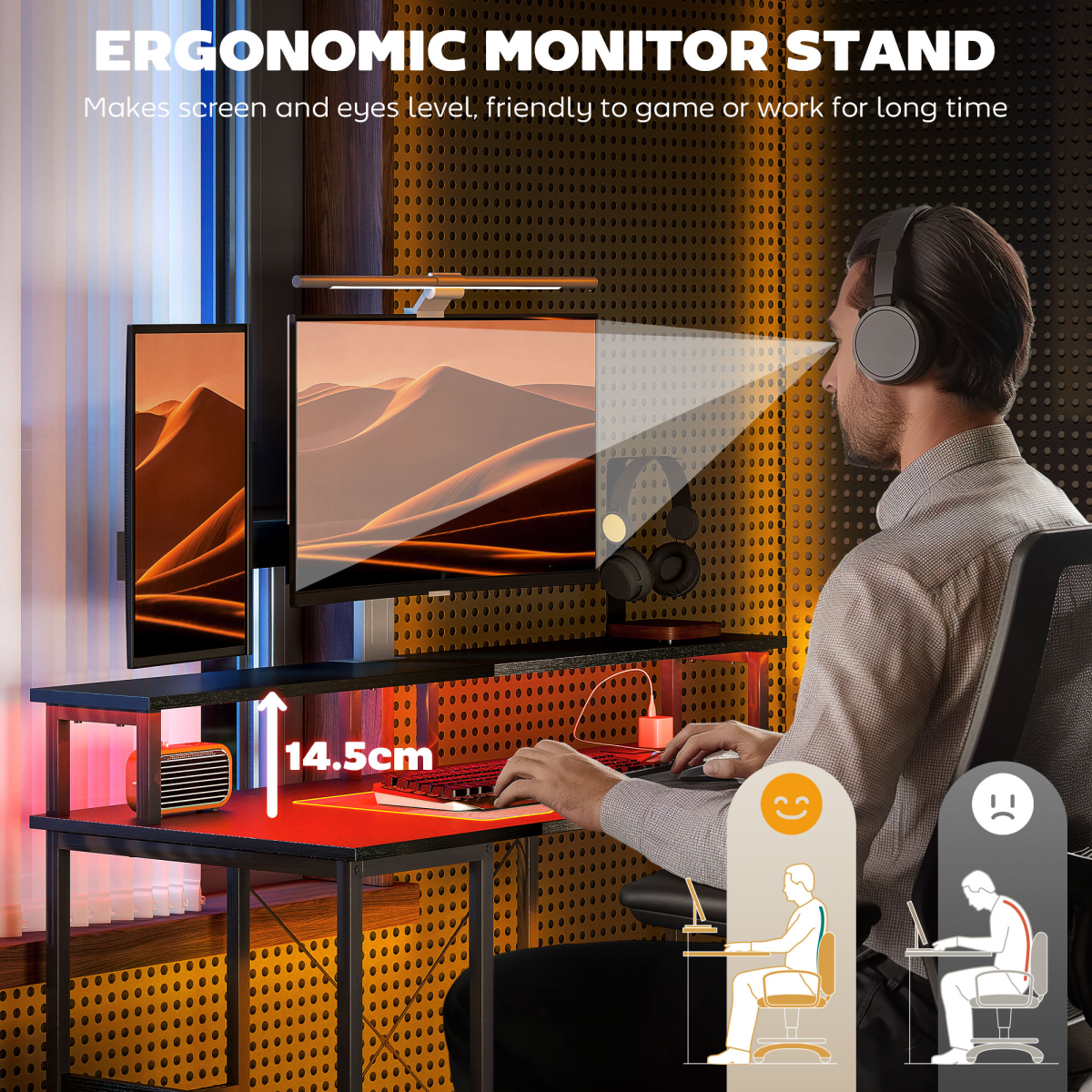 HOMCOM Reversible Computer Desk with Storage, Charging Station and RGB LED Lights, Black