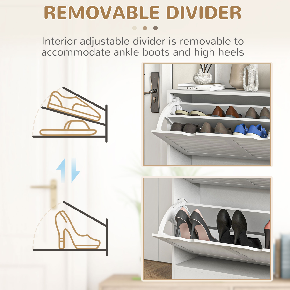 HOMCOM White Slim Shoe Cabinet with 2 Flip Drawers for Entryway