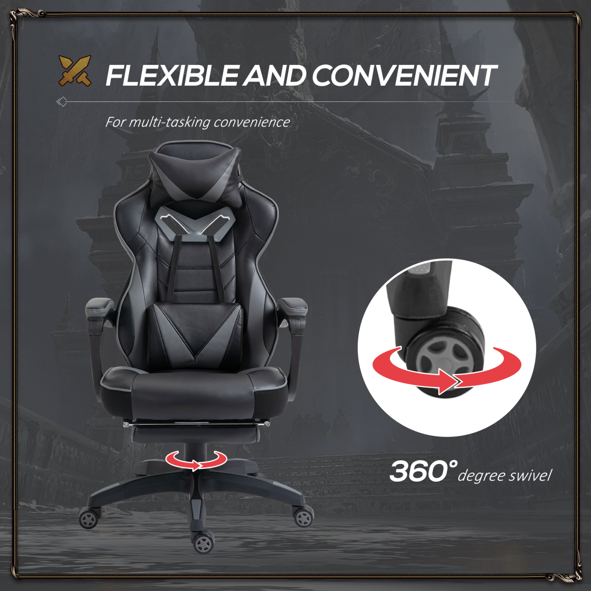 Vinsetto Grey Ergonomic Reclining Gaming Chair with Footrest