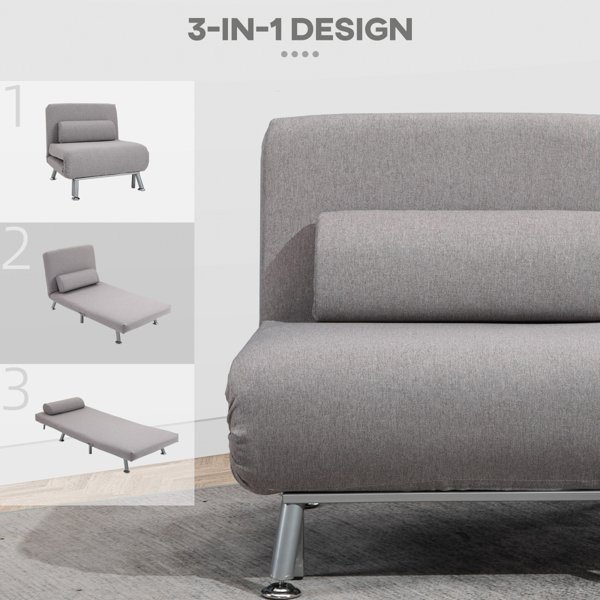 HOMCOM Grey Linen Upholstered Single Sofa Bed with Adjustable Back and Pillow