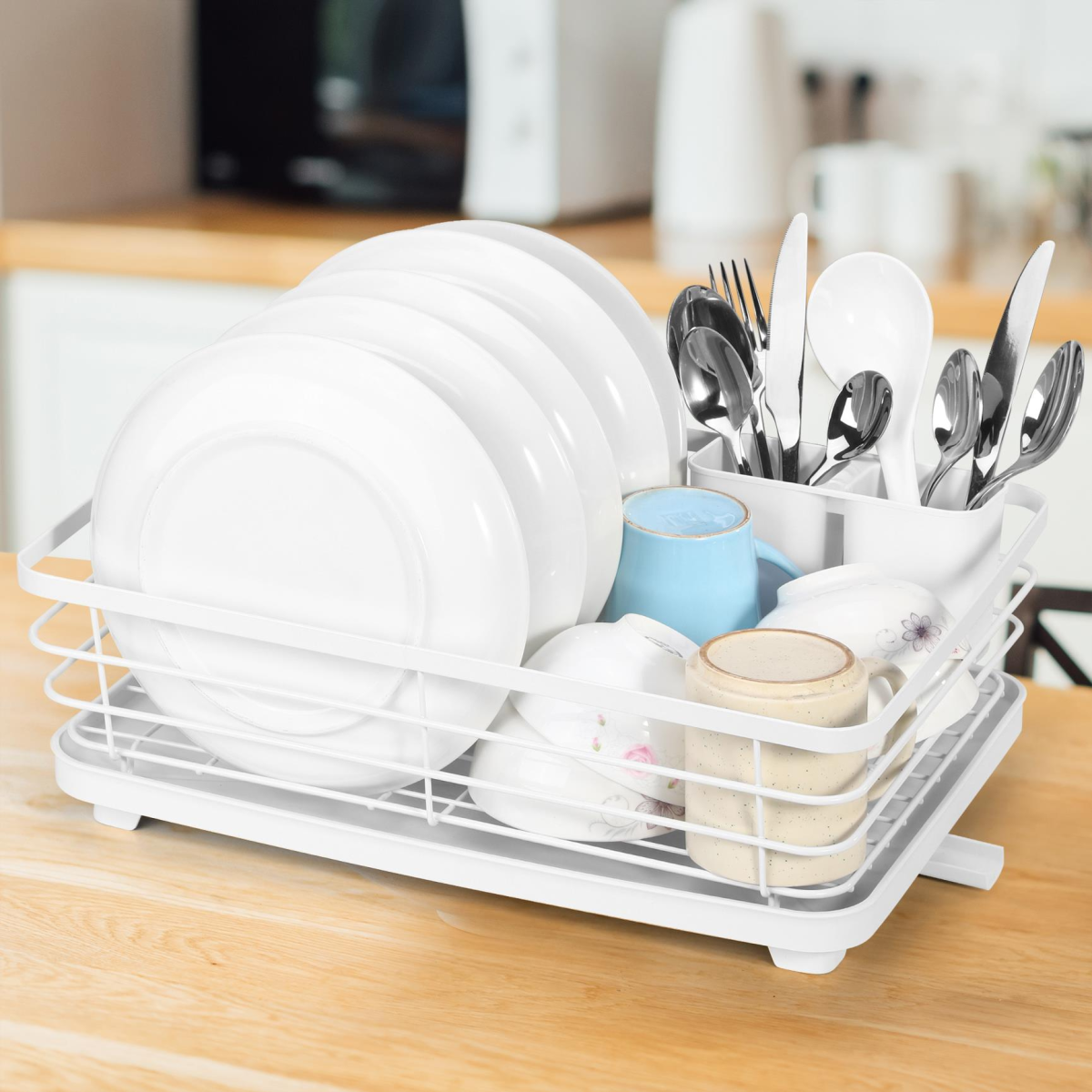 Vinsani White Stainless Steel Dish Drying Rack with Drip Tray and Utensil Holder