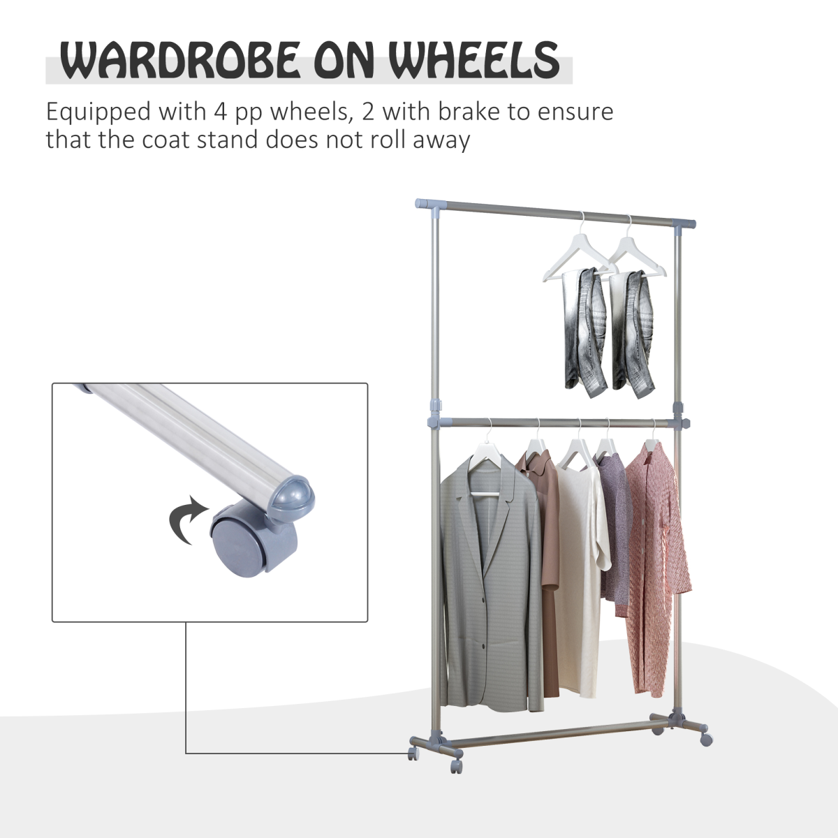 HOMCOM Adjustable Clothes Hanger with Wheels, Heavy Duty, Silver/Grey