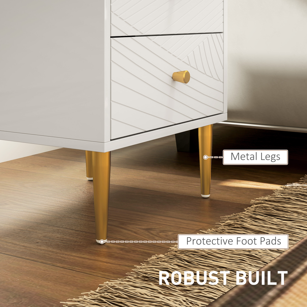 White Nightstand with Gold-Tone Handles, 2 Drawers & Metal Legs