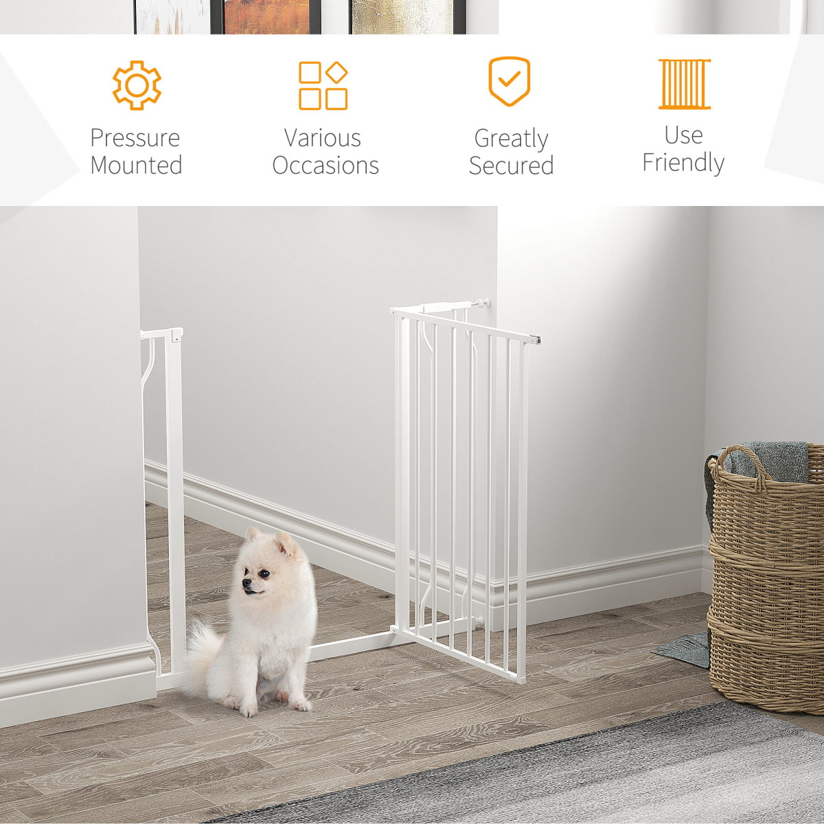 PawHut Pressure-Fit Dog Gate with Door, Adjustable 75-95 cm, White