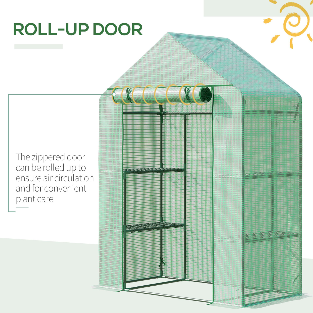 Outsunny Walk-In Greenhouse with 2-Tier Shelves, Roll-Up Zipper Door, PE Cover, 141 x 72 x 191 cm, Green