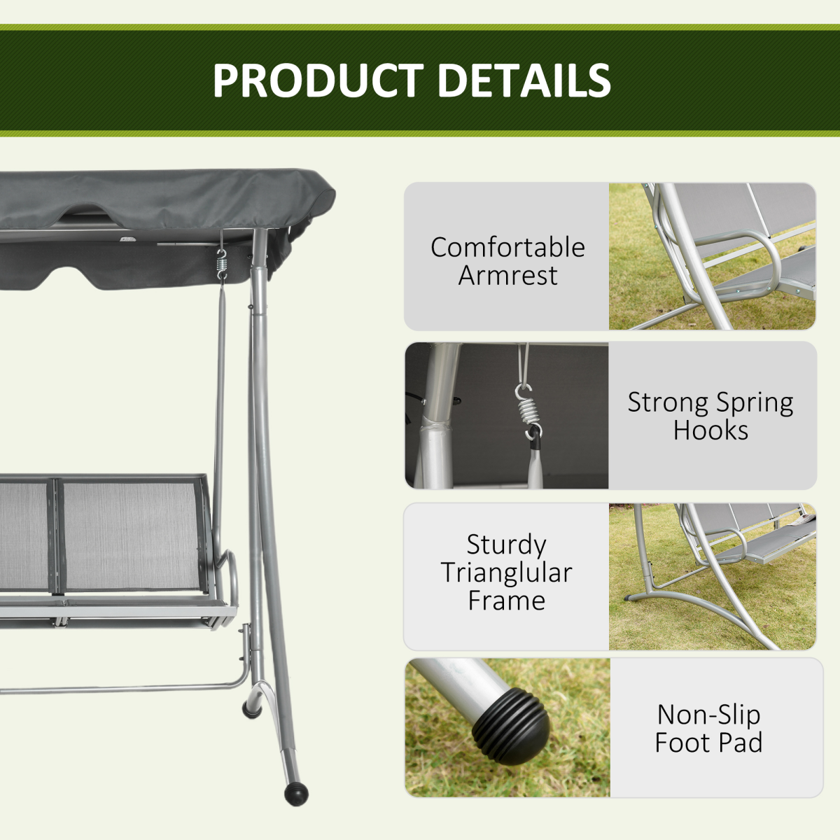 Outsunny 3-Person Steel Outdoor Swing Chair with Adjustable Canopy