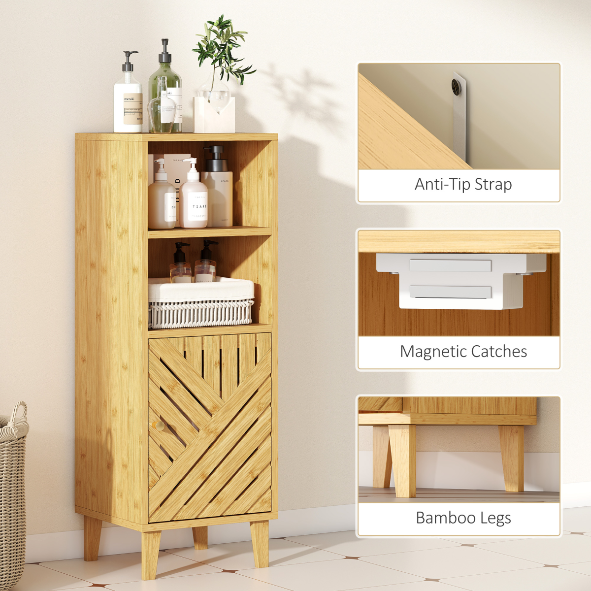 HOMCOM Narrow Bamboo Bathroom Storage Cabinet with Open Compartments
