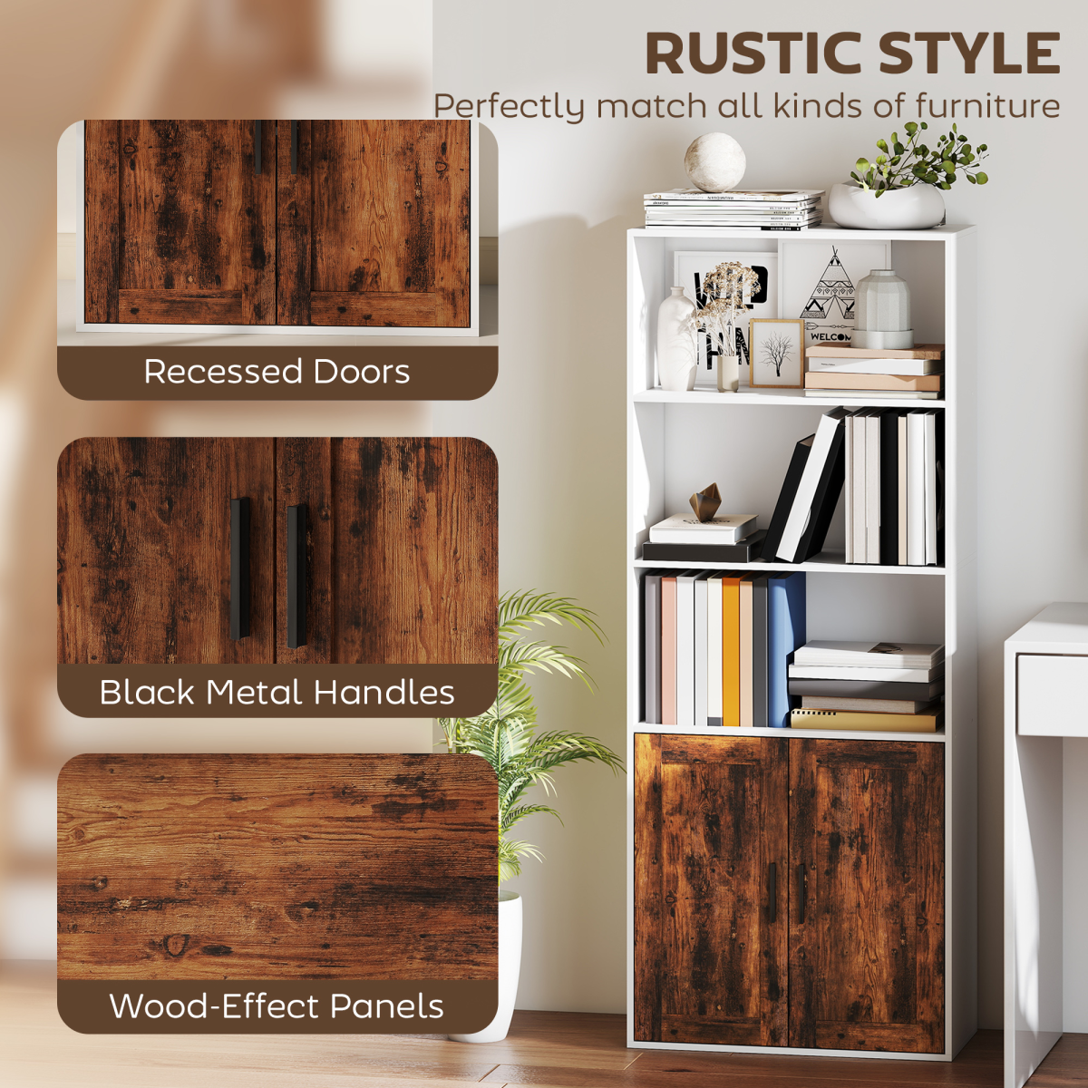 HOMCOM Tall 5-Tier Bookcase with Adjustable Shelf & Cupboard, Rustic Brown