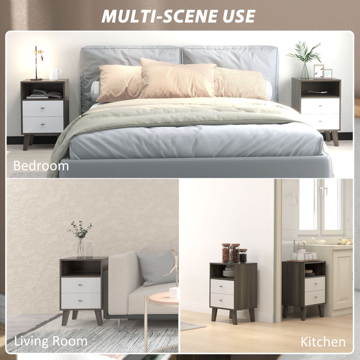 PawHut Set of 2 Bedside Tables, Nightstands with 2 Drawers & Open Cubby