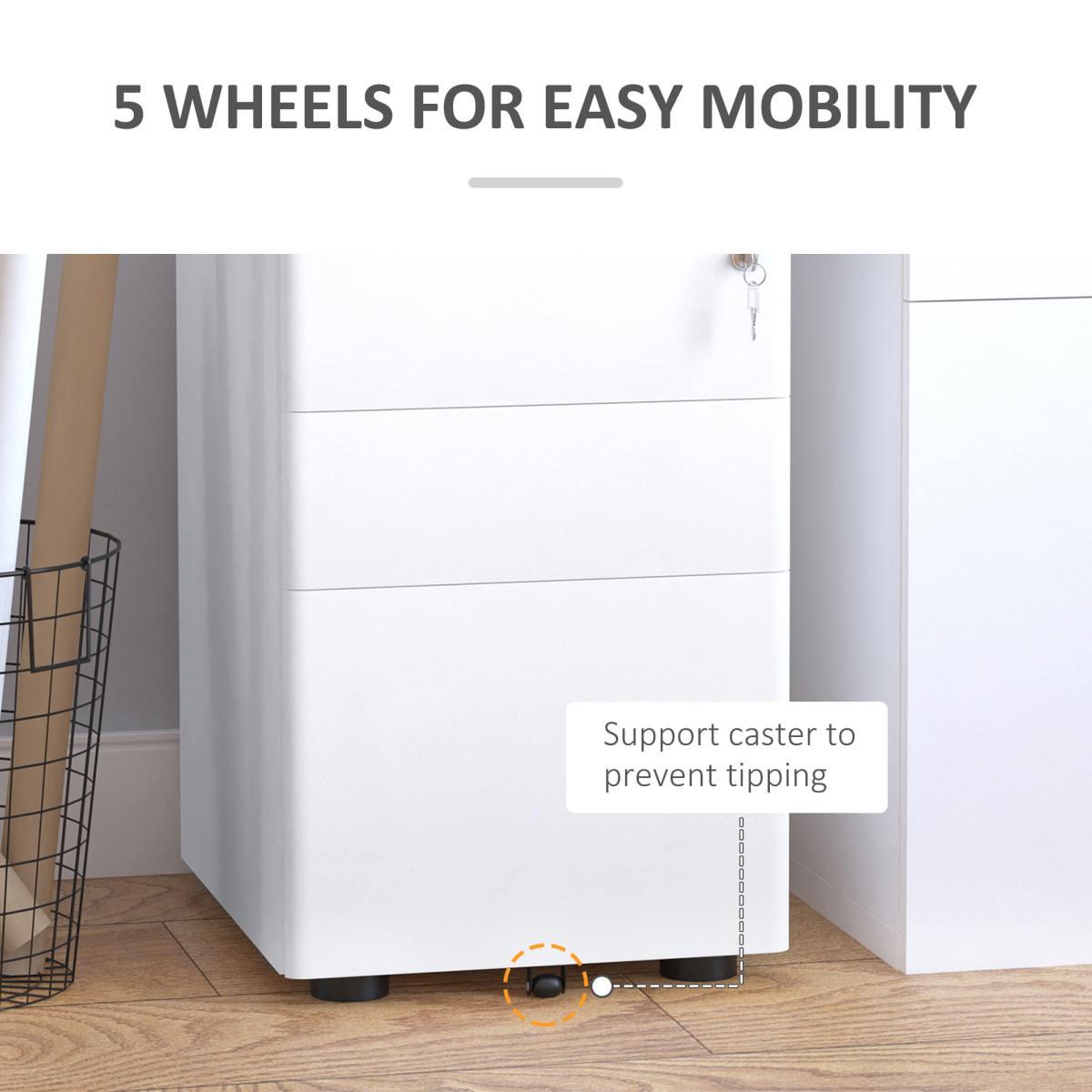 3 Drawer Steel Filing Cabinet Lockable 4 Wheels Compact Under Desk White