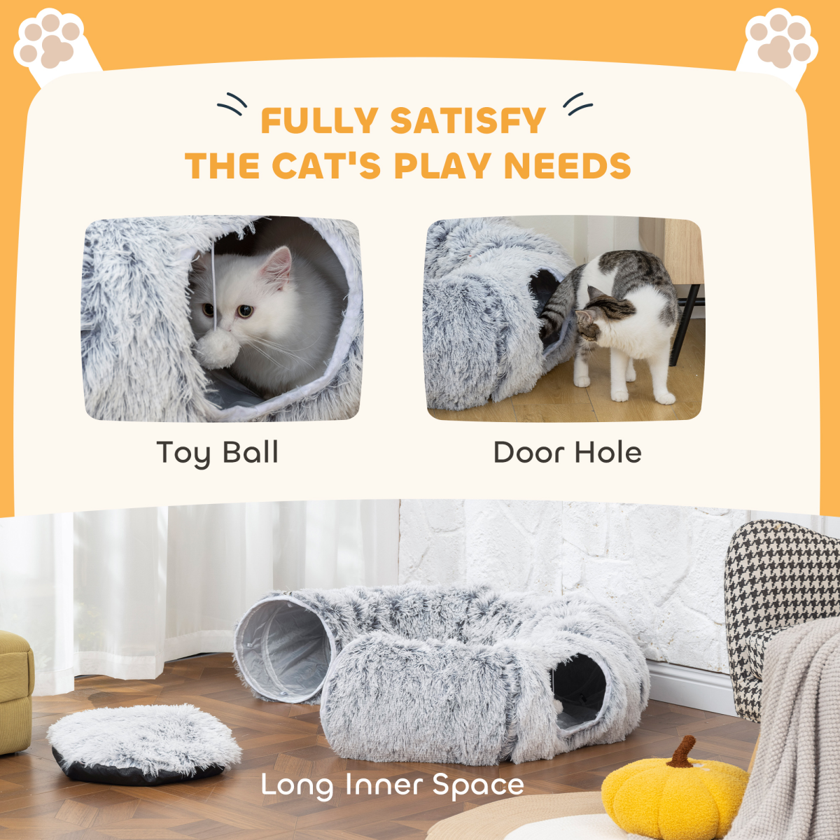 PawHut Foldable Donut Cat Tunnel Bed with Washable Cushion, Light Grey