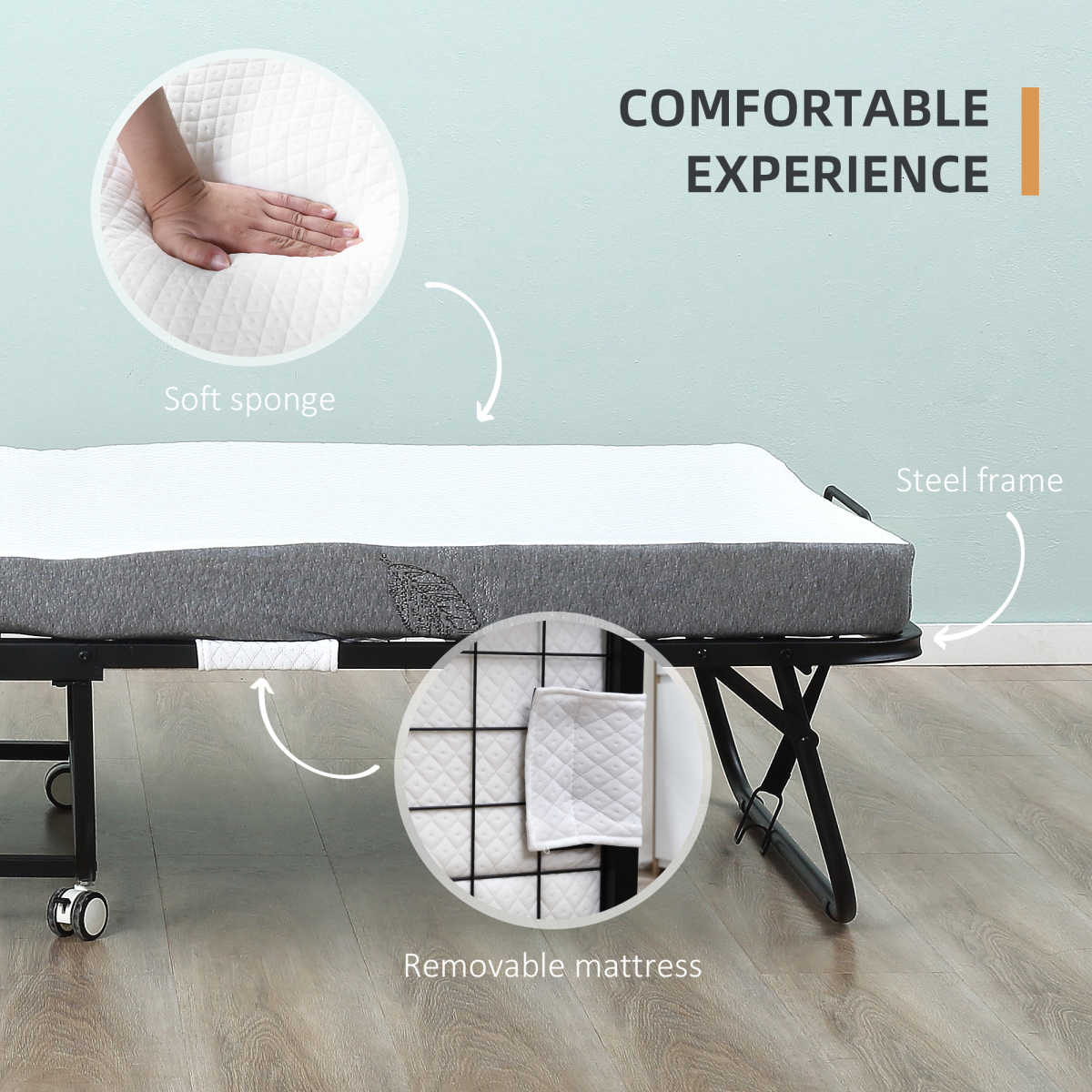 HOMCOM Folding Bed with 10cm Mattress, Portable Foldable Guest Bed, Metal Frame, 4 Wheels, 150kg Max Load