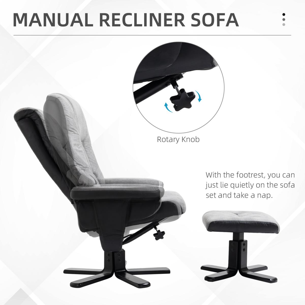 Manual Recliner Swivel Chair with Footstool, Grey Faux Leather