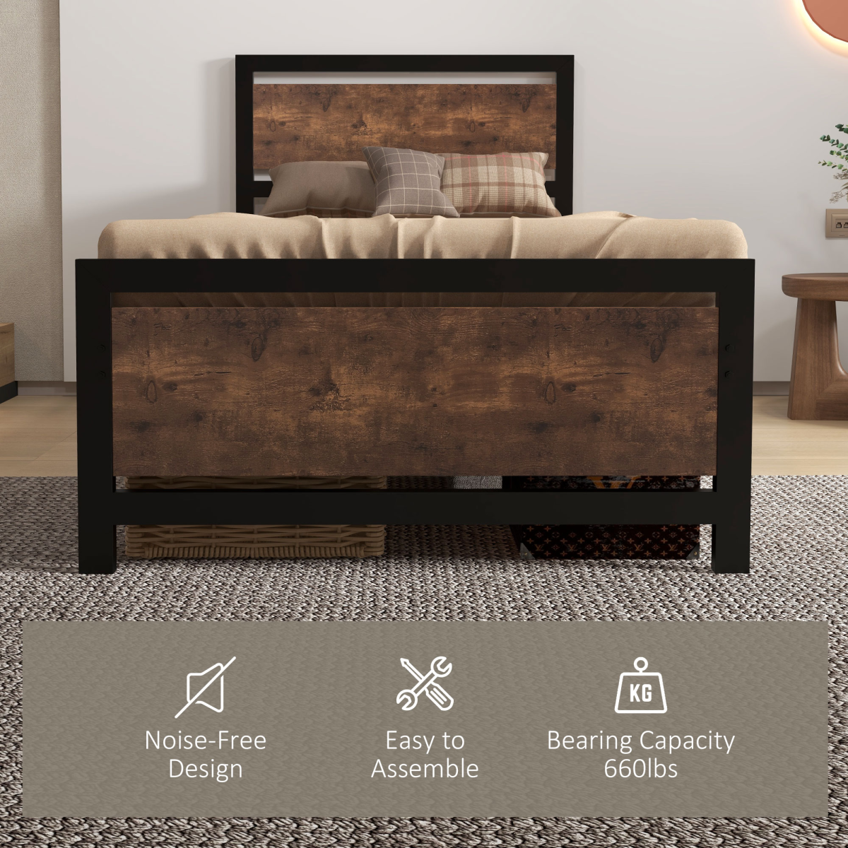 HOMCOM Single Size Metal Bed Frame w/ Headboard & Footboard, 97x195x103cm