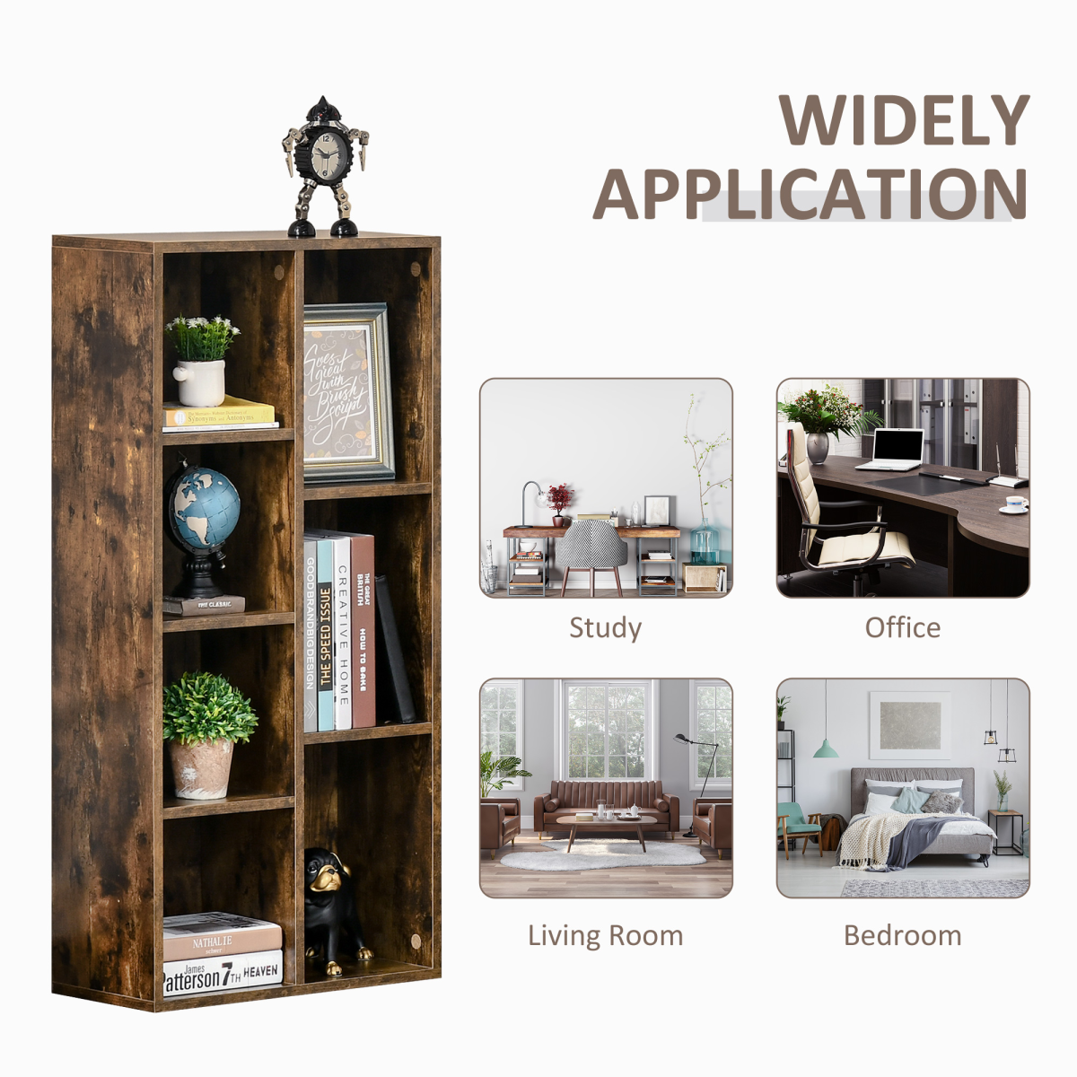 HOMCOM Industrial Bookcase Display Cabinet, 7-Compartment Cube Storage, Rustic Brown