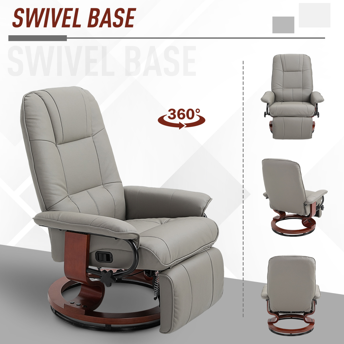 Grey PU Leather Recliner Armchair with Footrest and Wooden Base