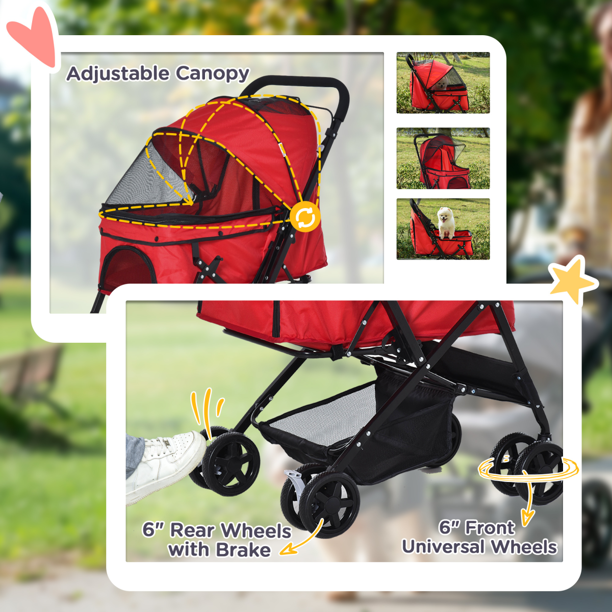 Foldable Pet Stroller for Small Dogs and Cats with Reversible Handle, Brake Wheels, Storage Basket