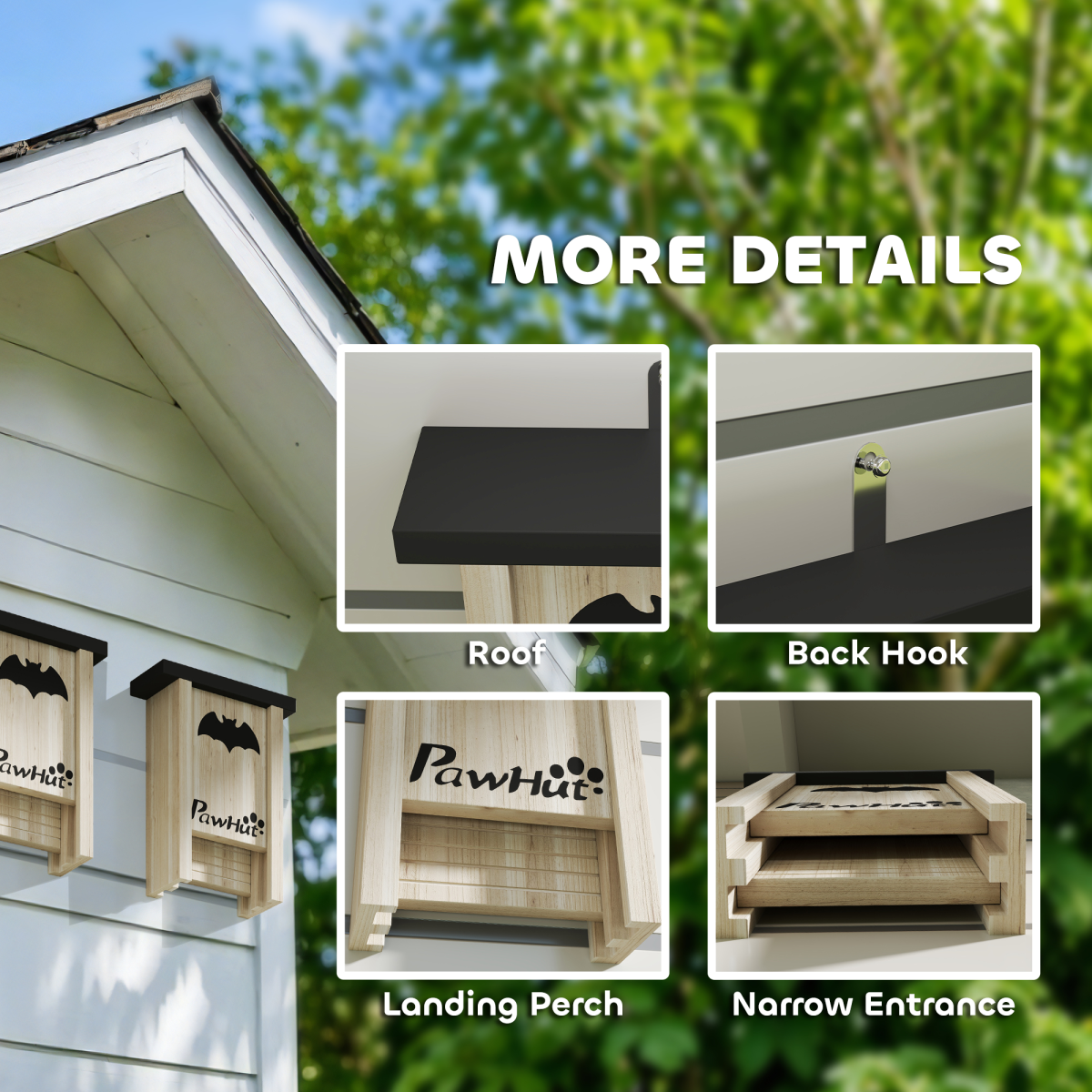 PawHut 3 Pack Bat Boxes, Fir Wood Bat House with Hook, 18 x 6 x 22.5 cm