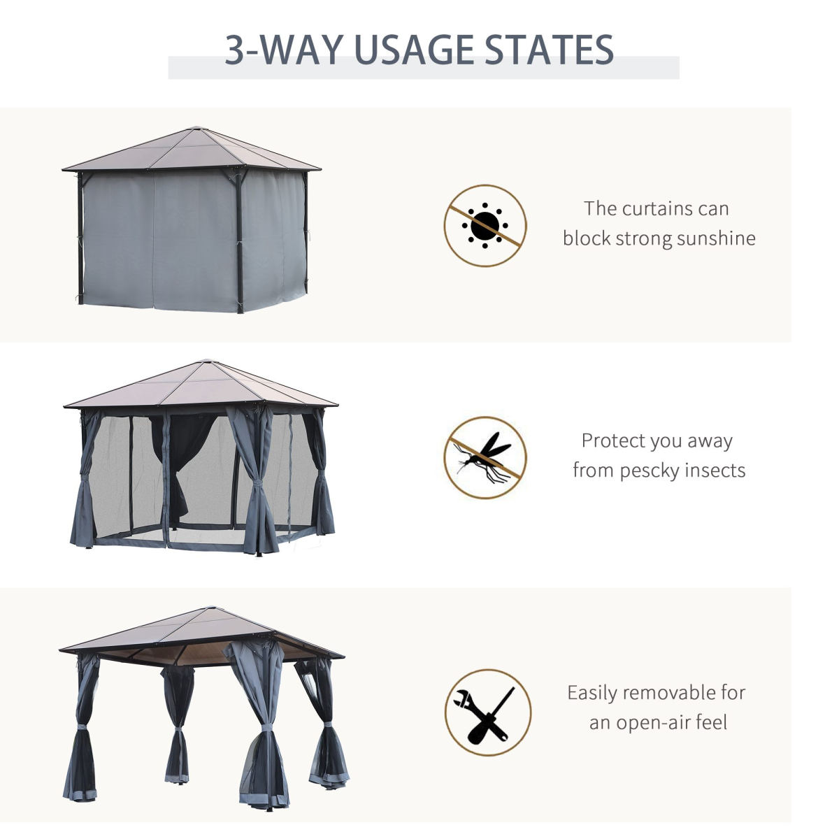 3x3m Polycarbonate Hardtop Gazebo with Aluminium Frame, Netting & Curtains