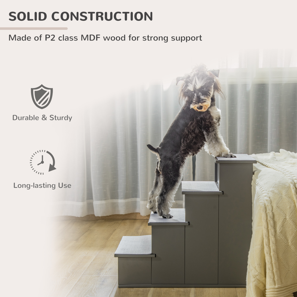 4 Step Wooden Pet Stairs for Dogs and Cats, Grey, for Bed and Couch