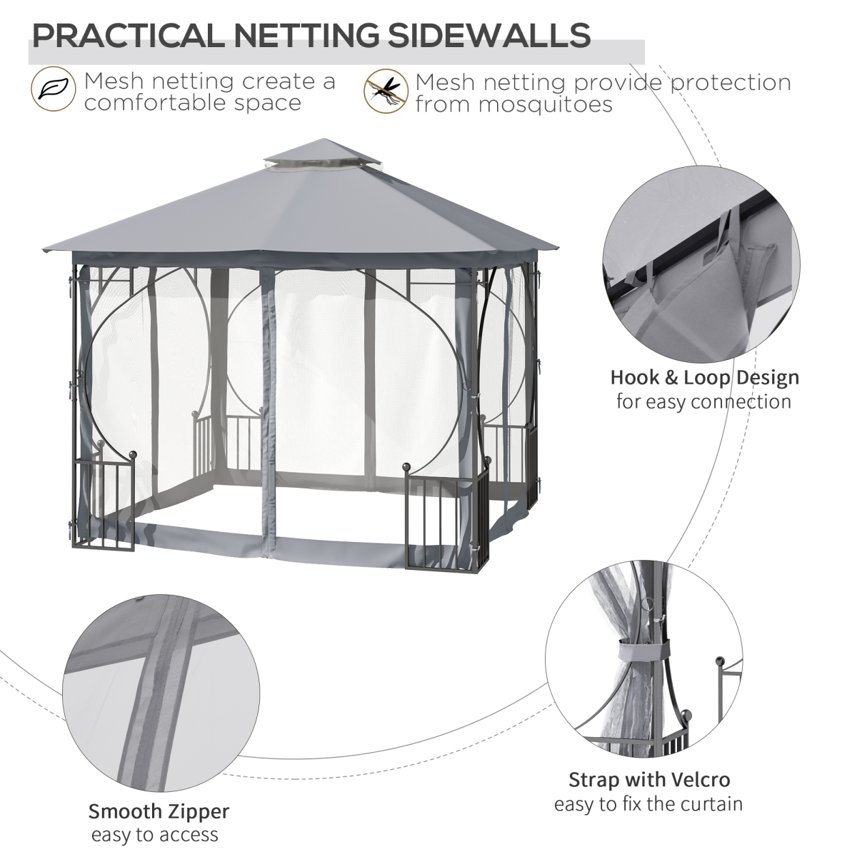 3x3m Outdoor Garden Gazebo Canopy, Light Grey, Mesh Sides