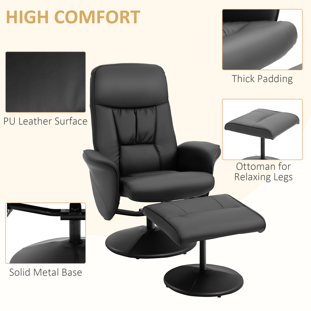 Reclining Armchair and Ottoman Set, 360 Swivel, Faux Leather, Black