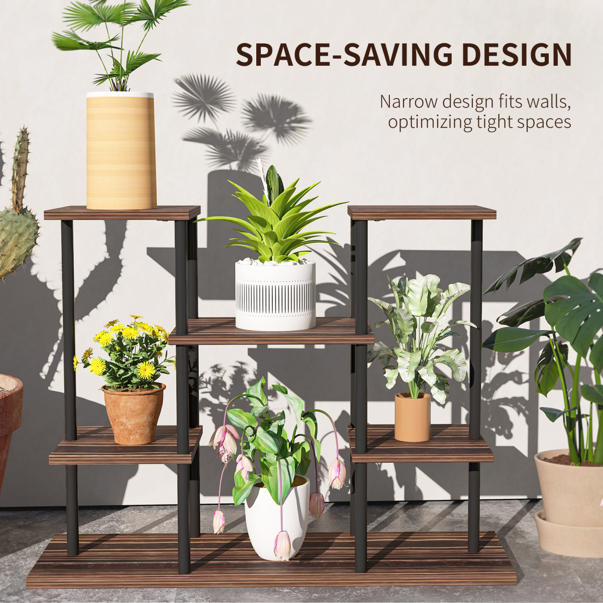 Outsunny 4-Tier Metal Flower Shelf Display Rack with Wooden Shelves, Black Carbonised Finish