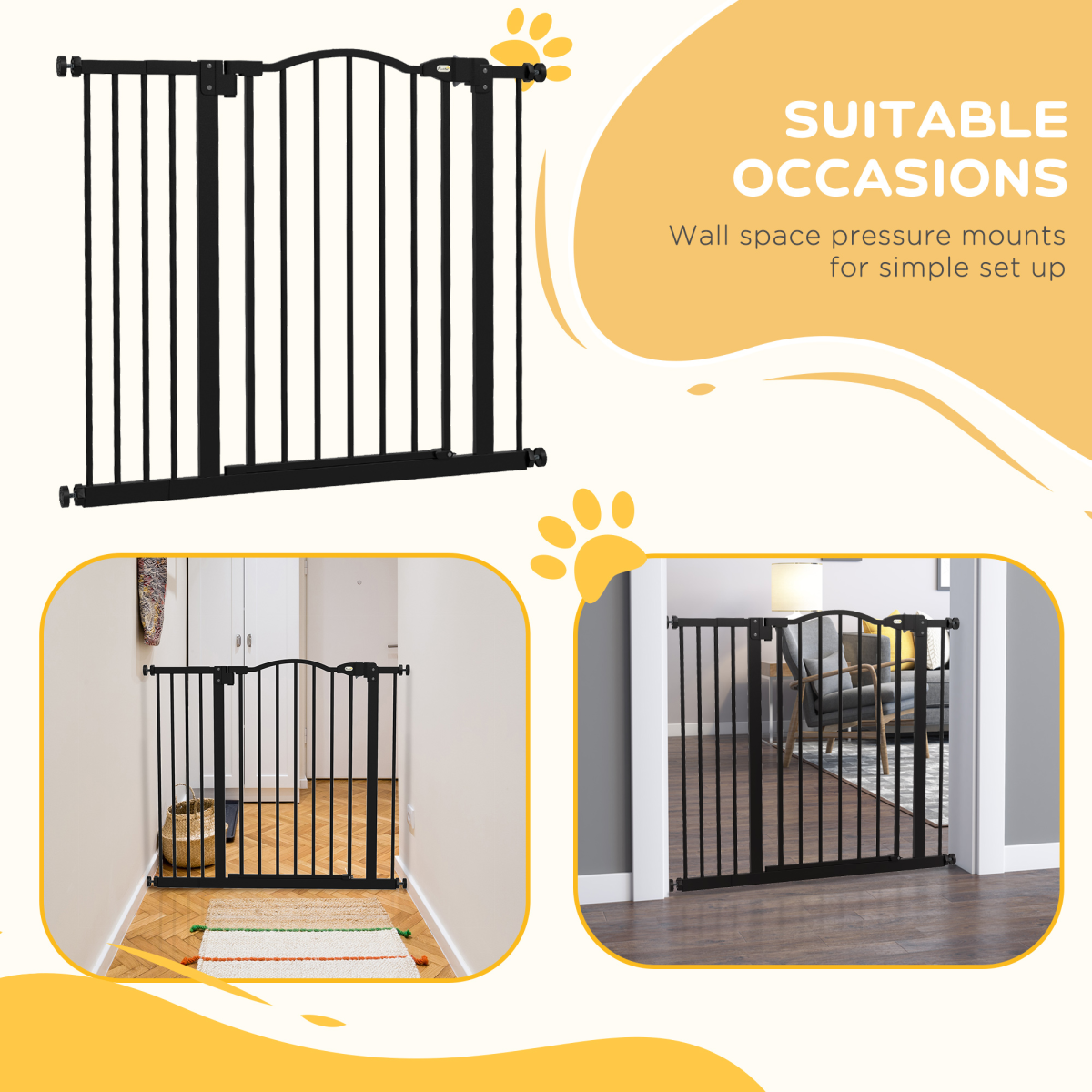 PawHut 74-94cm Adjustable Metal Pet Safety Gate, Auto-Close Black