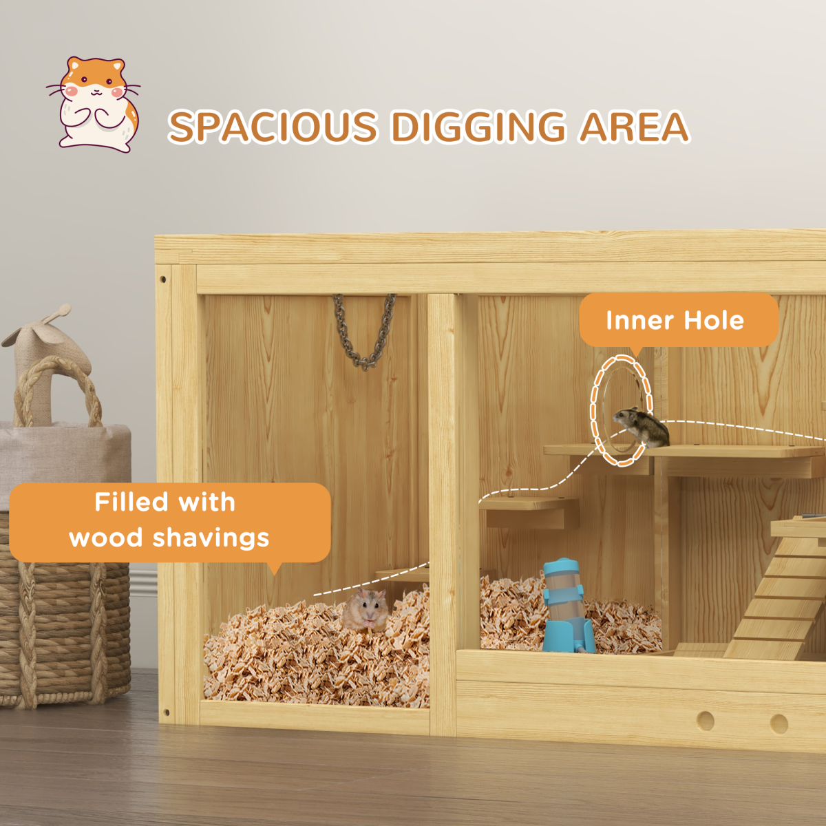 PawHut Wooden Hamster Cage with Water Bottle, Platforms & Openable Roof