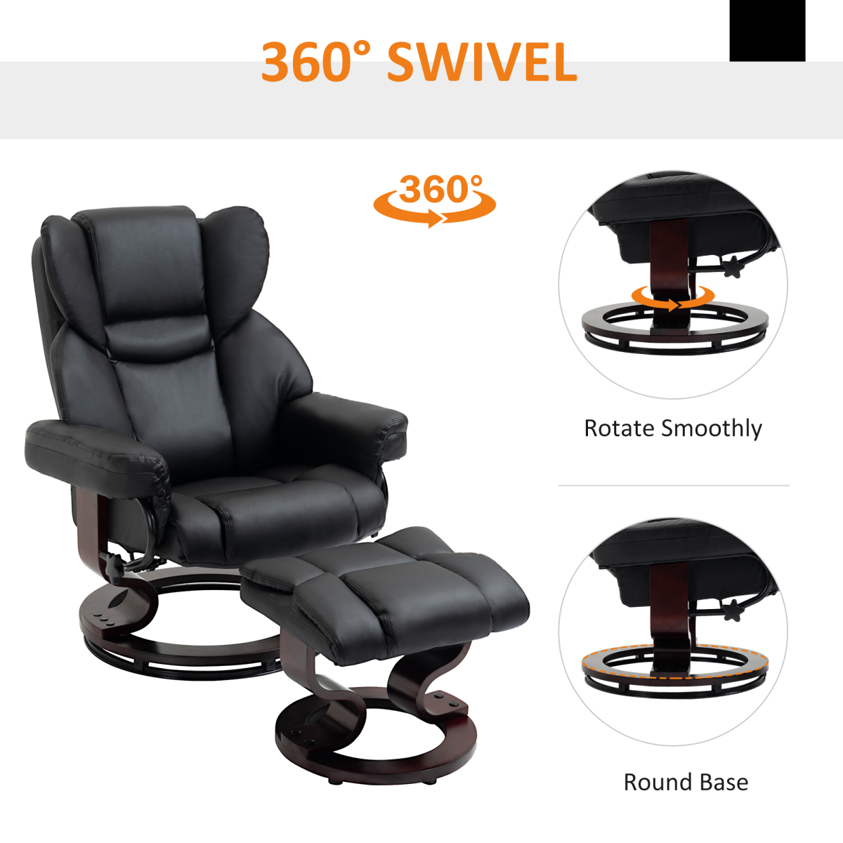 Black PU Leather Recliner Armchair with Swivel and Footstool